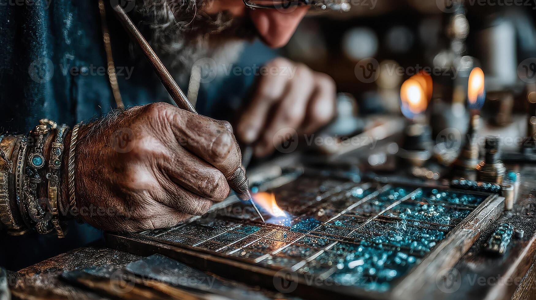 Craftsman meticulously working on intricate jewelry design in a workshop filled with tools and colorful materials photo