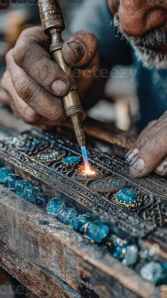 Artisan craftsman working meticulously on a decorative metal piece with gemstones in a workshop photo