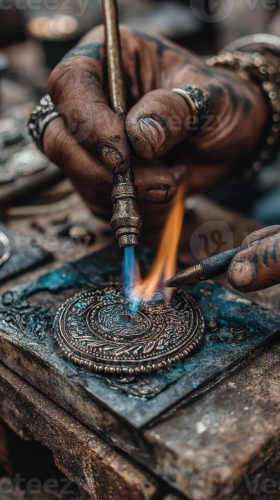 Crafting intricate metalwork with precision in a workshop during daytime hours photo