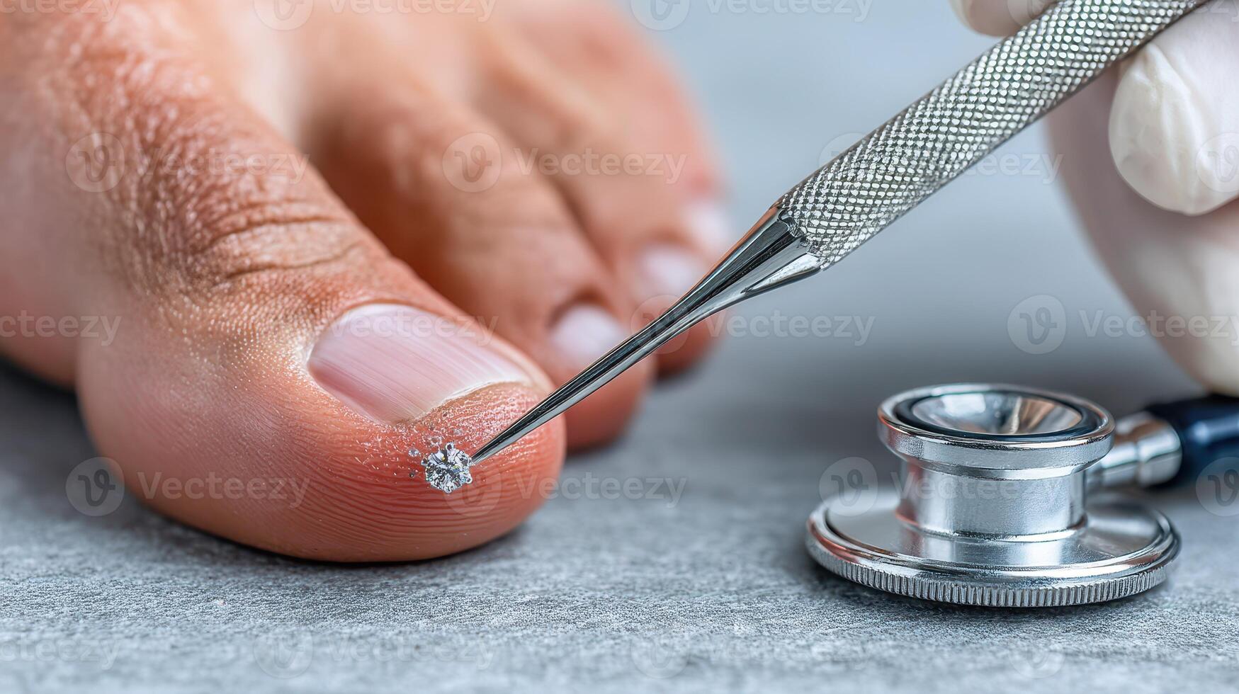 Podiatrist examining toenail condition with precision tool and stethoscope in a clinical setting photo