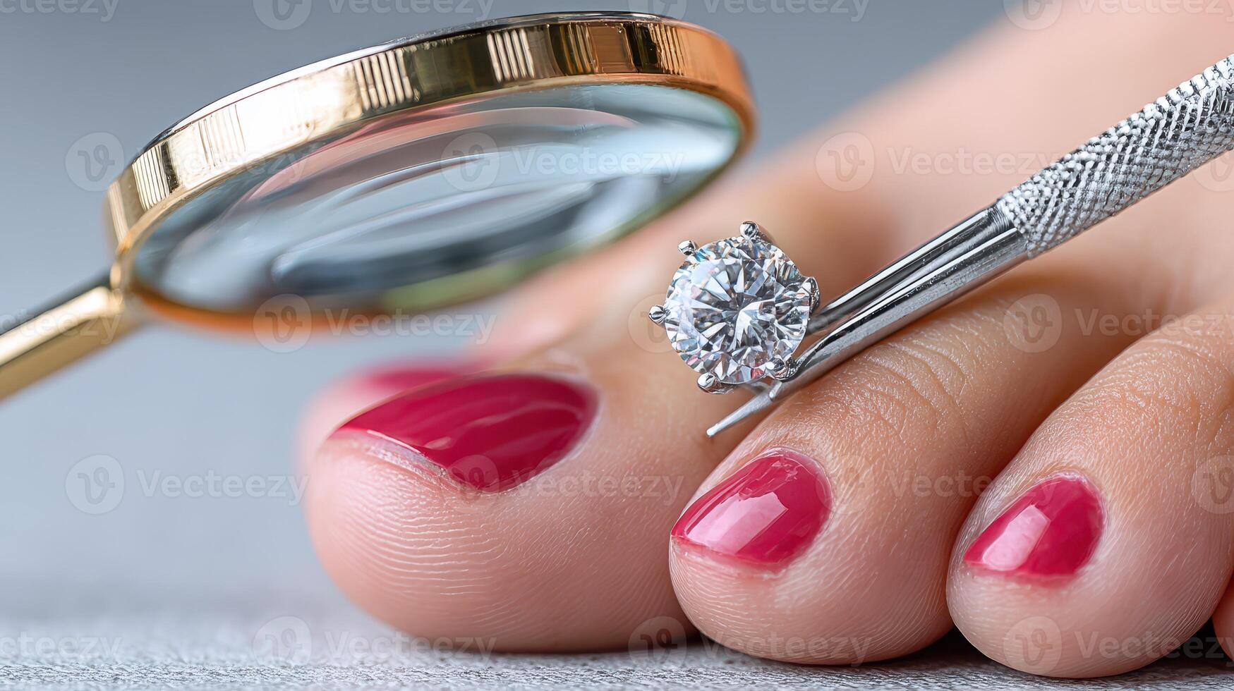 Expert examining a diamond ring with a magnifying glass while showcasing perfectly manicured nails photo