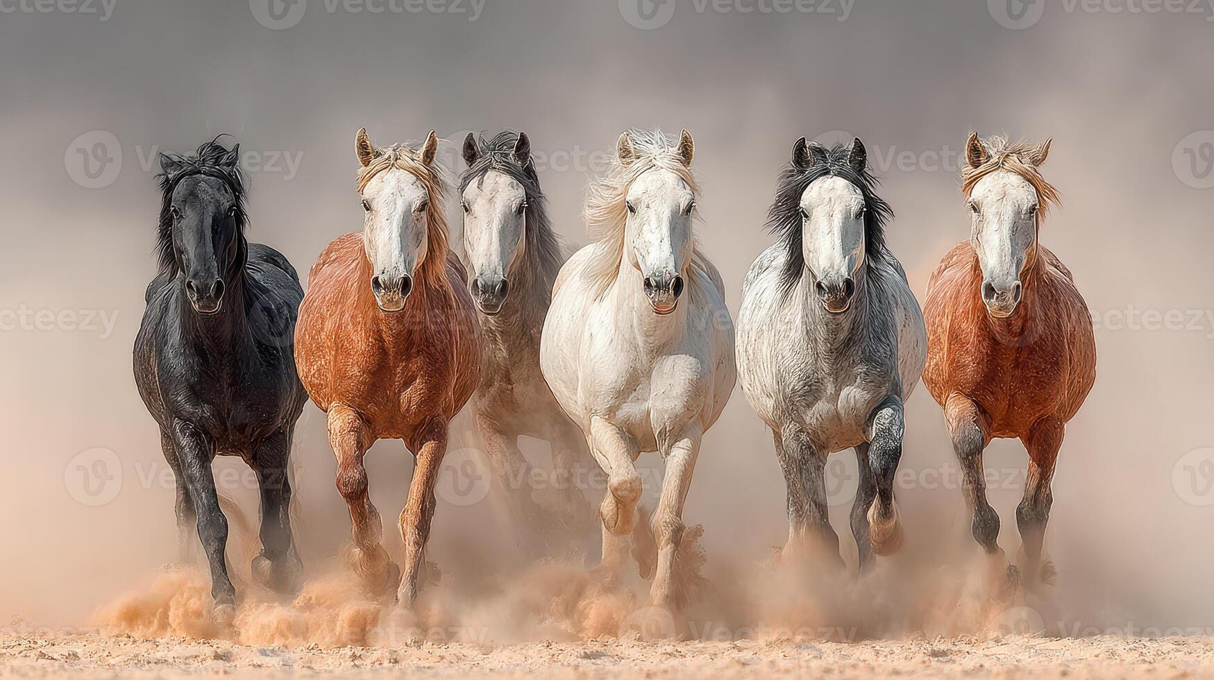 Horses galloping across a sandy landscape during sunset in a display of natural beauty and freedom photo