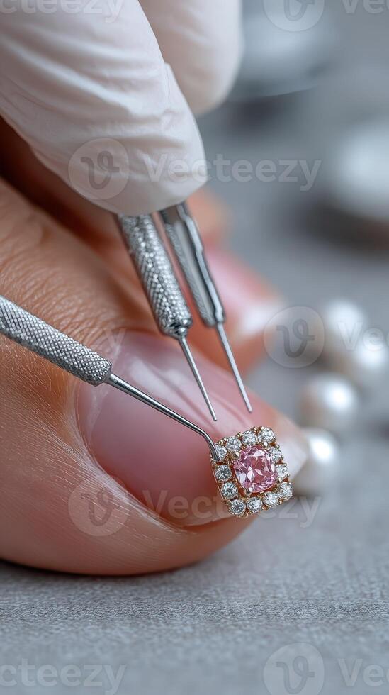 Precision craft in jewelry making with diamond and pink stone details at a workbench during daylight photo