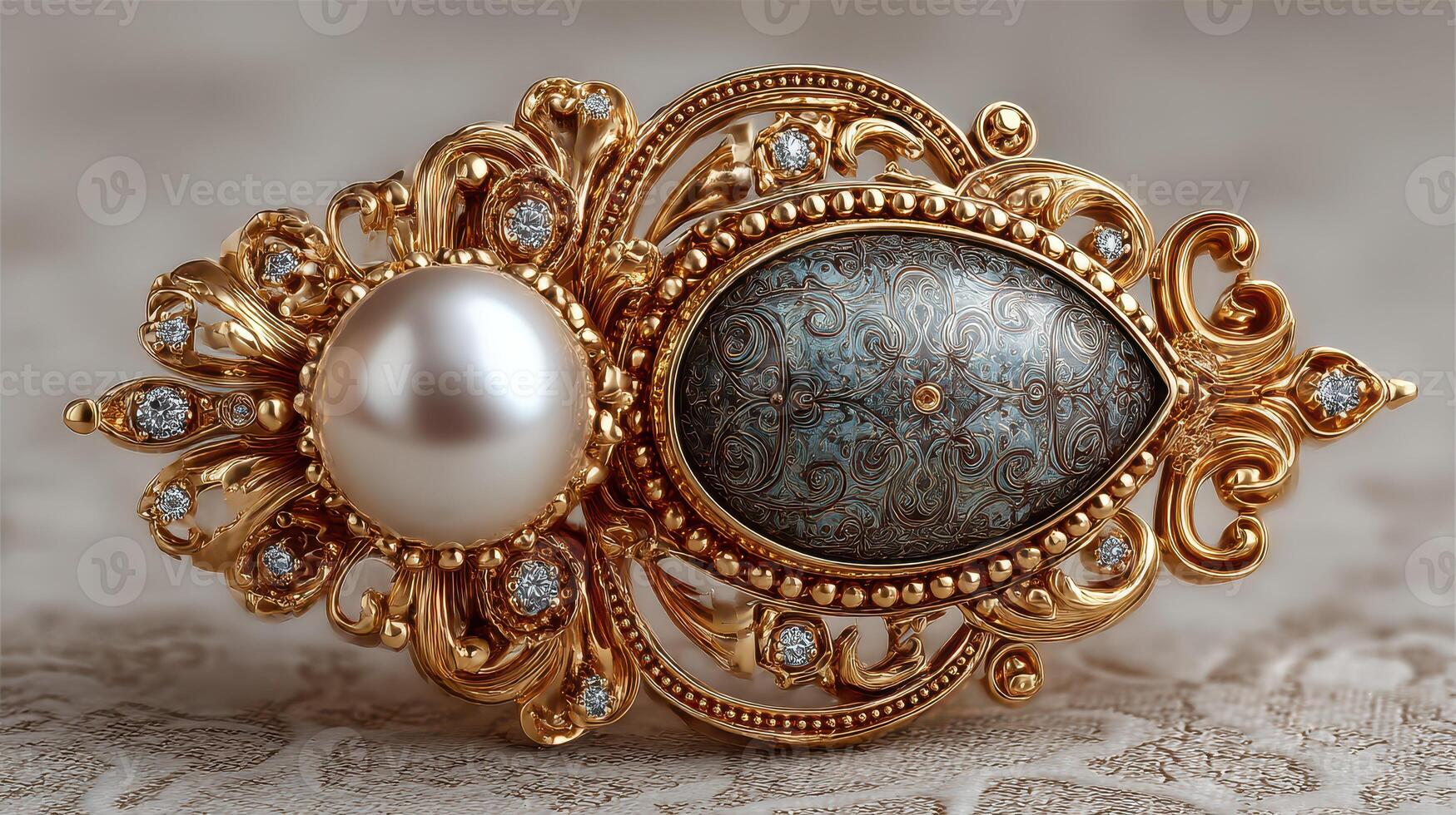 Elegant vintage brooch with pearl and intricate design set on textured background photo