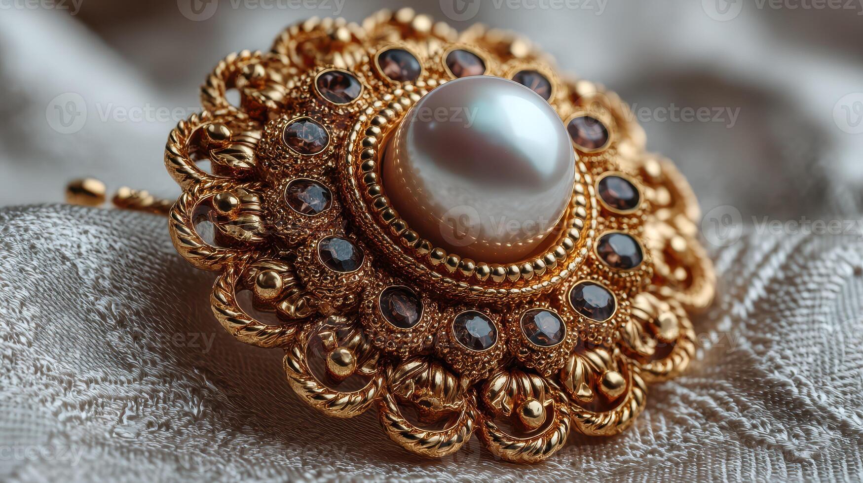 Intricately designed golden brooch with pearl centerpiece on elegant fabric backdrop photo