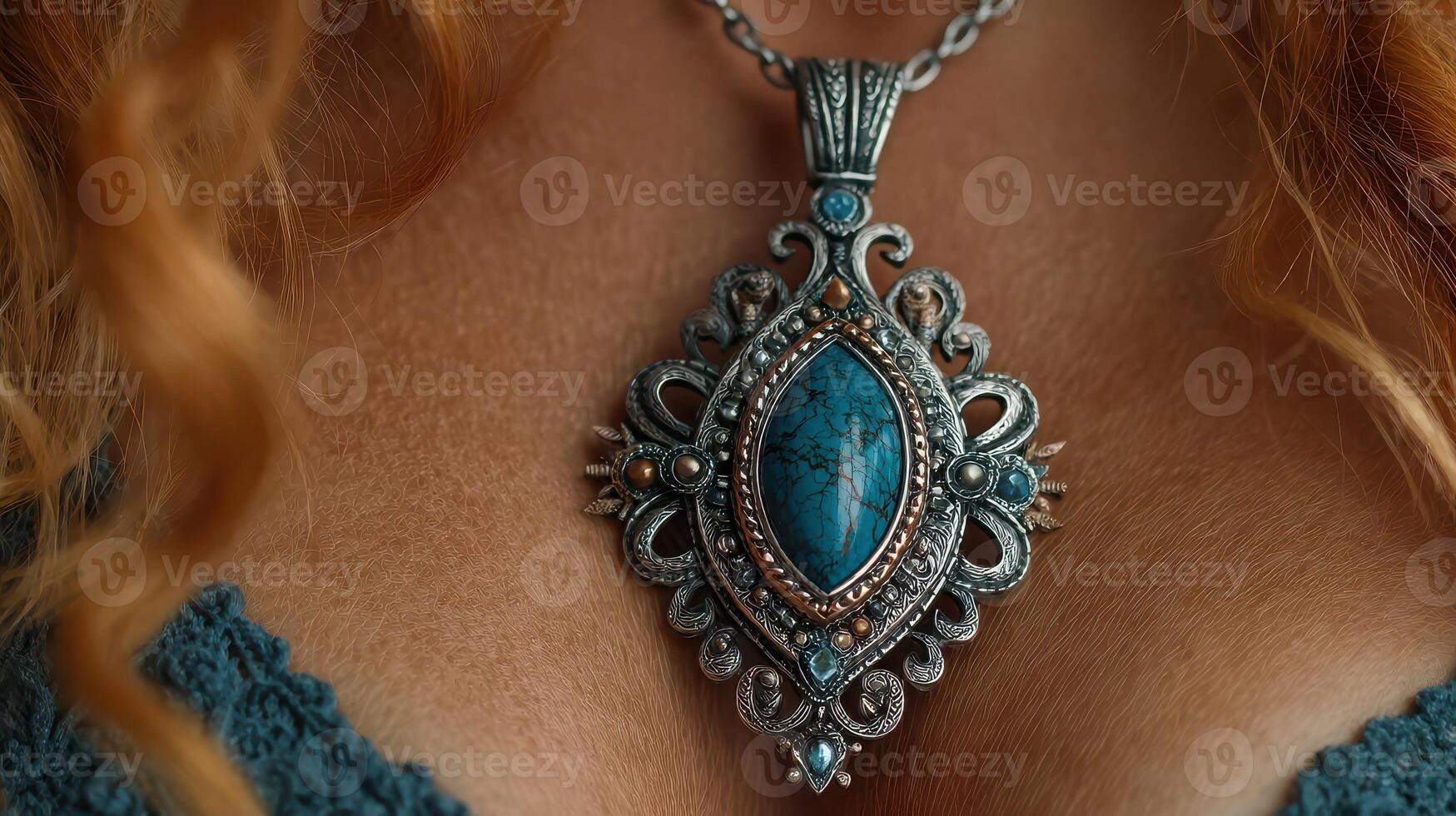 Beautiful turquoise pendant showcased against a backdrop of intricate silver detailing and warm, flowing hair photo