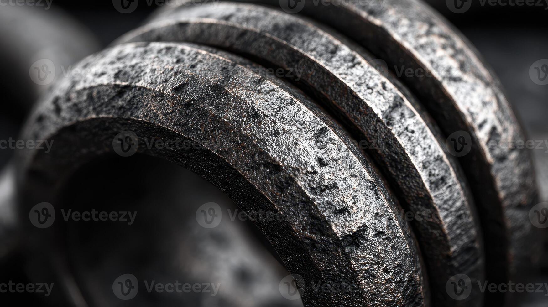 Heavy metal weights arranged in close-up view showing texture and details in a gym setting photo