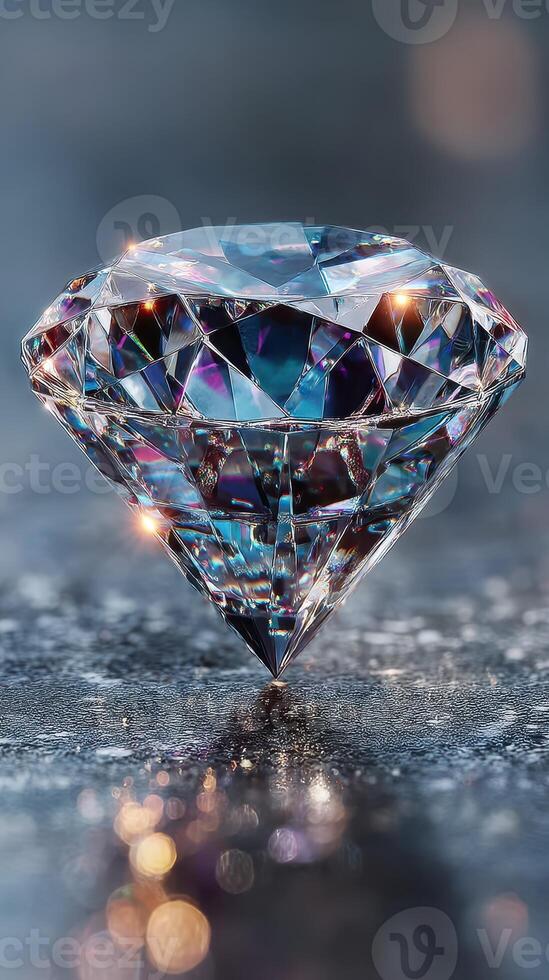Sparkling diamond resting on a reflective surface with brilliant facets and colorful light reflections photo