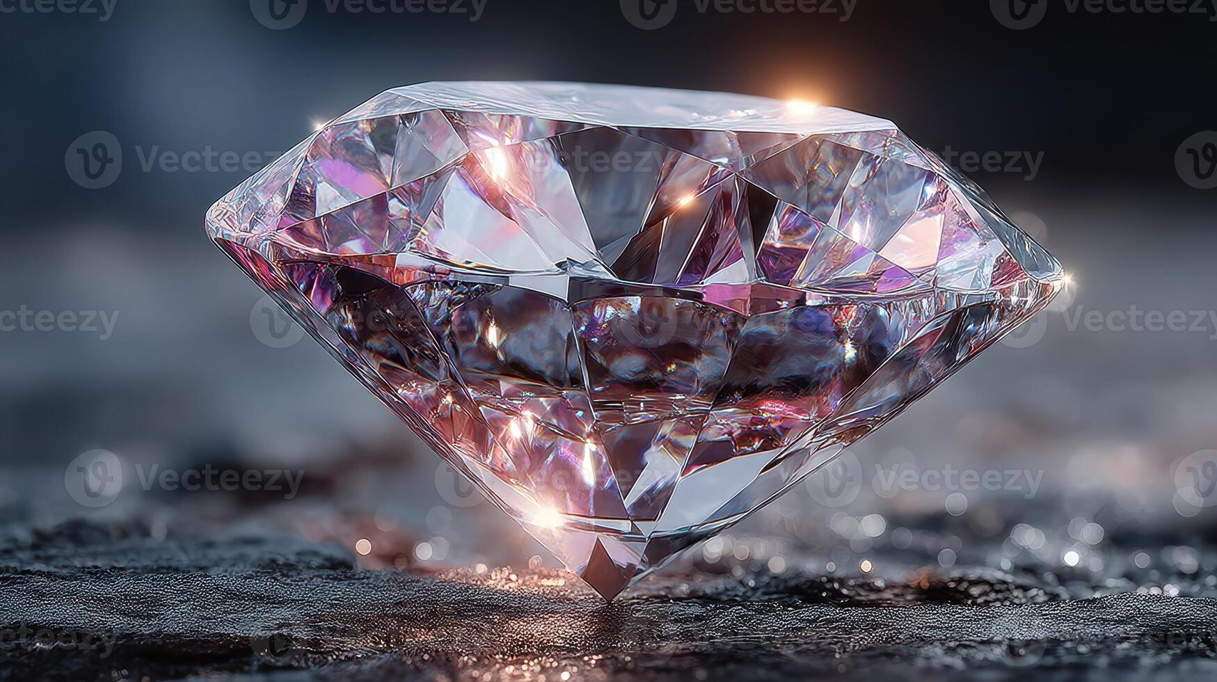 Stunning diamond resting on black surface, reflecting light in a captivating display of brilliance and clarity photo