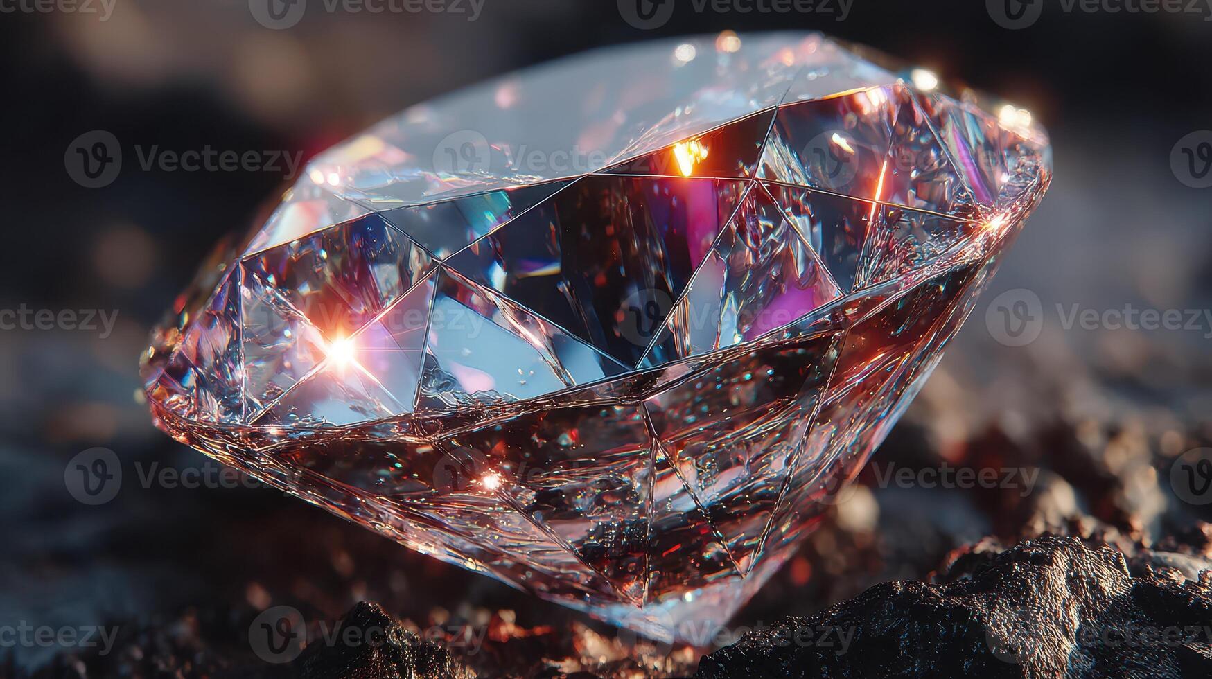 Sparkling diamond on a textured surface capturing light reflections and vivid colors in natural daylight photo