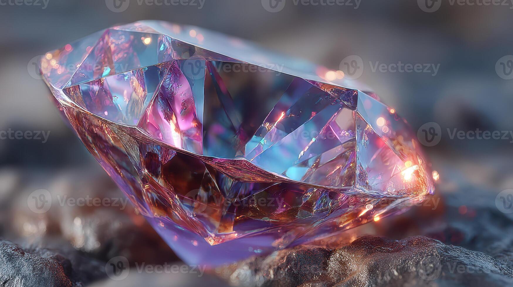 Sparkling gem resting on a textured surface reflecting vibrant colors and intricate facets photo