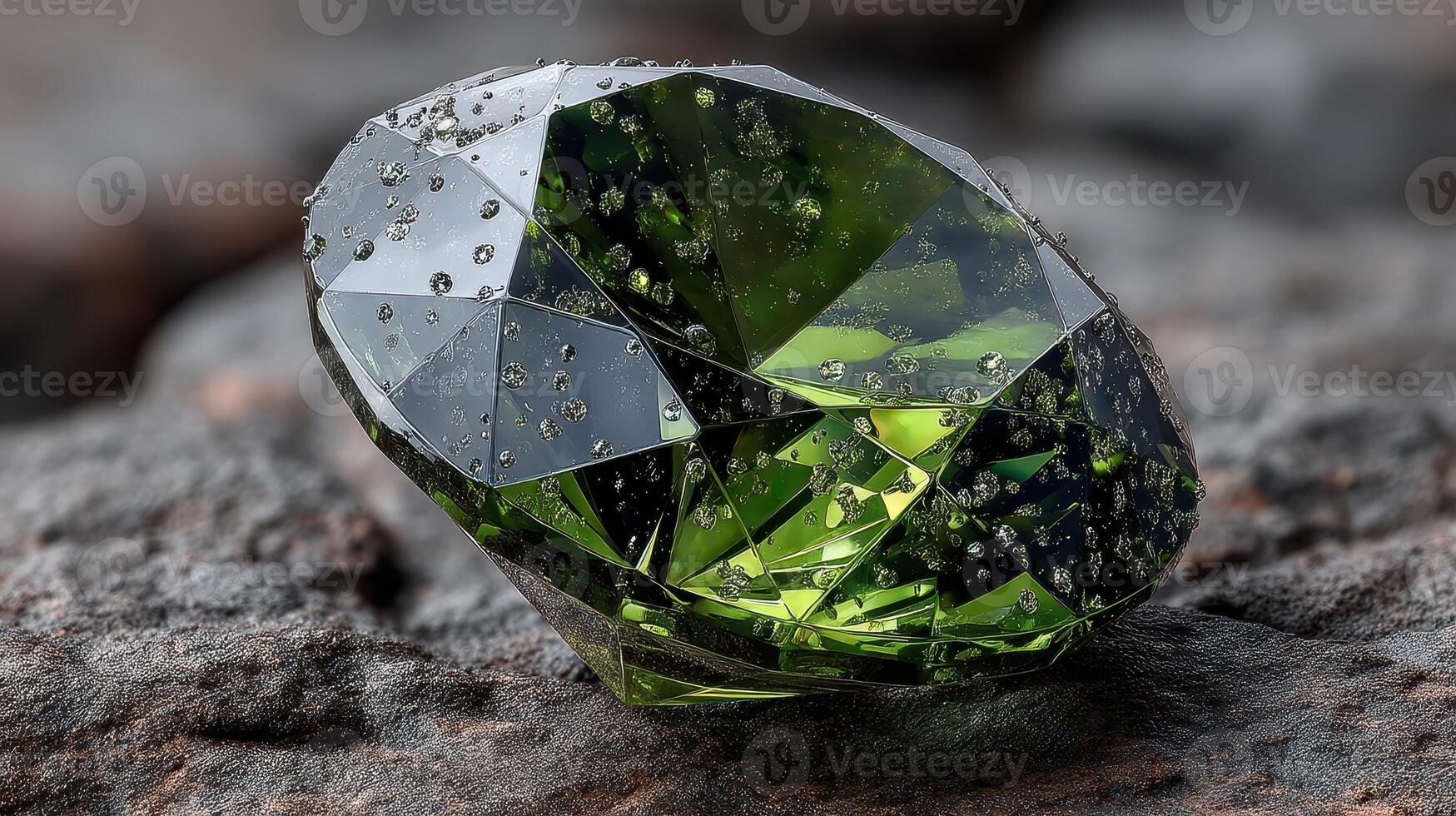 Sparkling green gemstone resting on a textured dark rock surface, showcasing intricate facets and natural imperfections photo