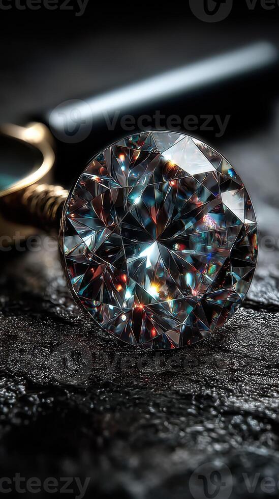Intricate diamond gem reflects light with deep colors on textured surface near magnifying tool photo