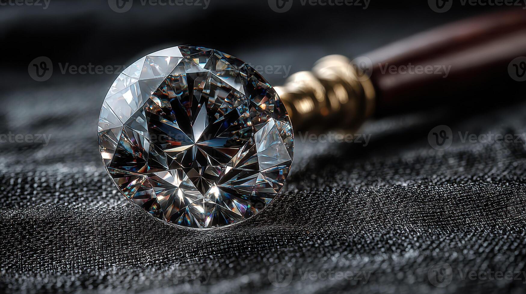Sparkling diamond resting on a dark fabric with a wooden tool nearby showcasing its brilliance and craftsmanship photo
