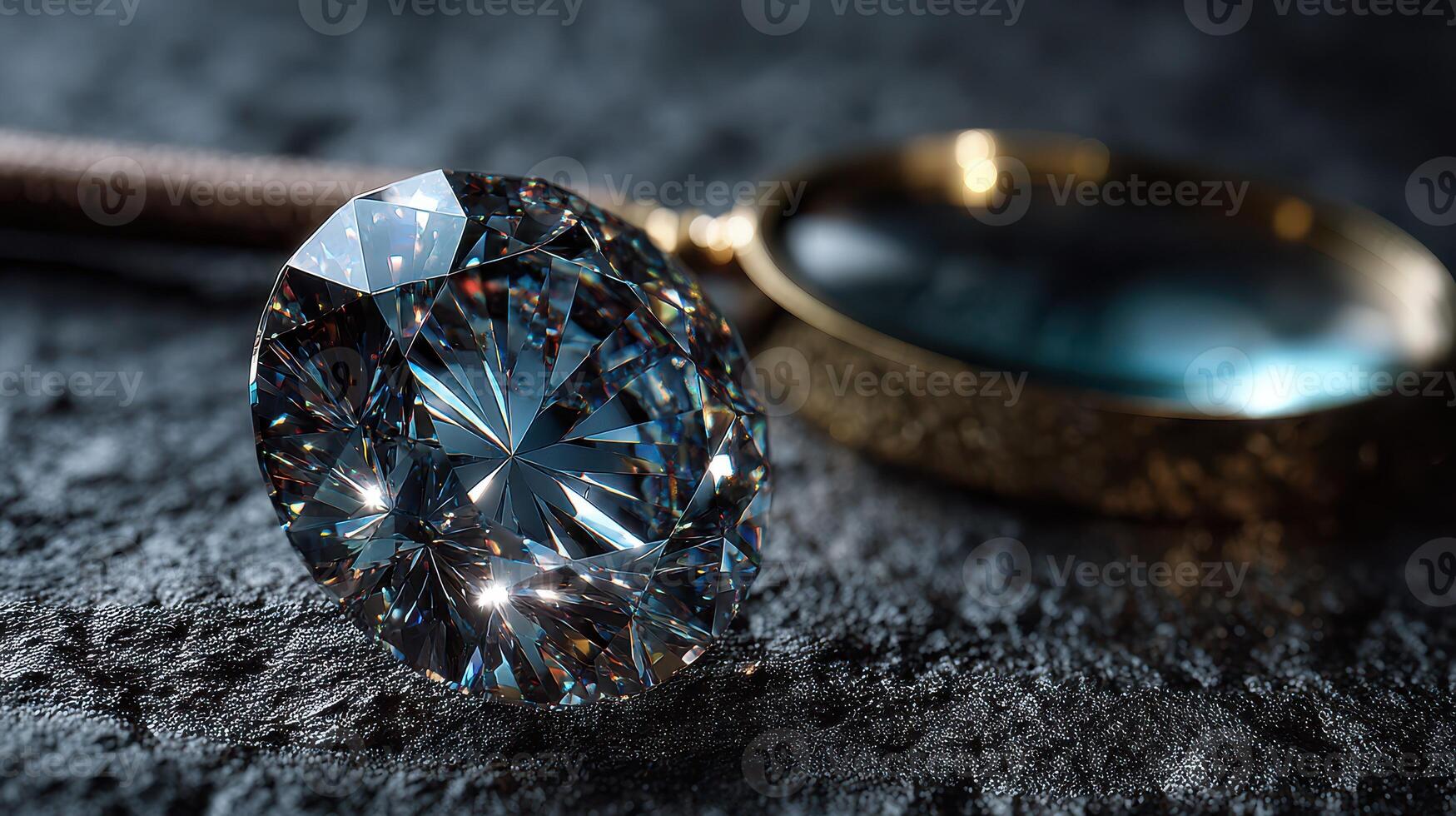 Sparkling blue diamond displayed with magnifying glass on textured surface in a well-lit setting photo
