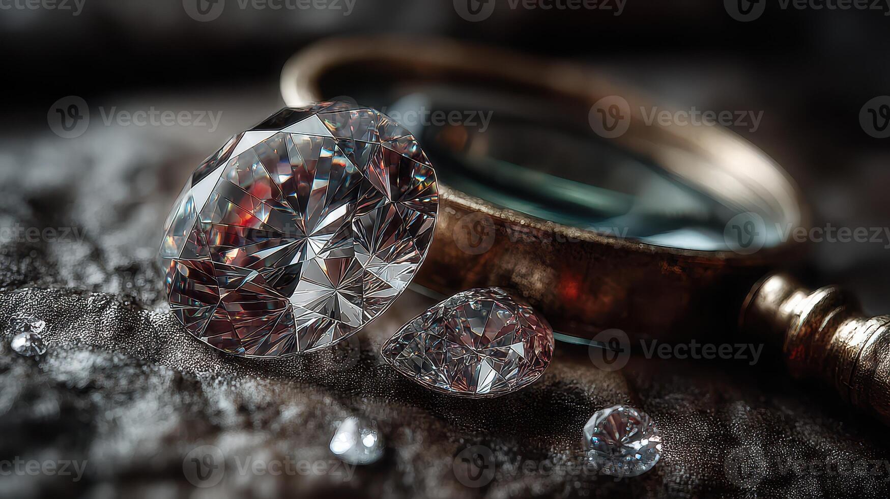 Brilliant diamonds displayed next to a vintage magnifying glass on a dark surface photo