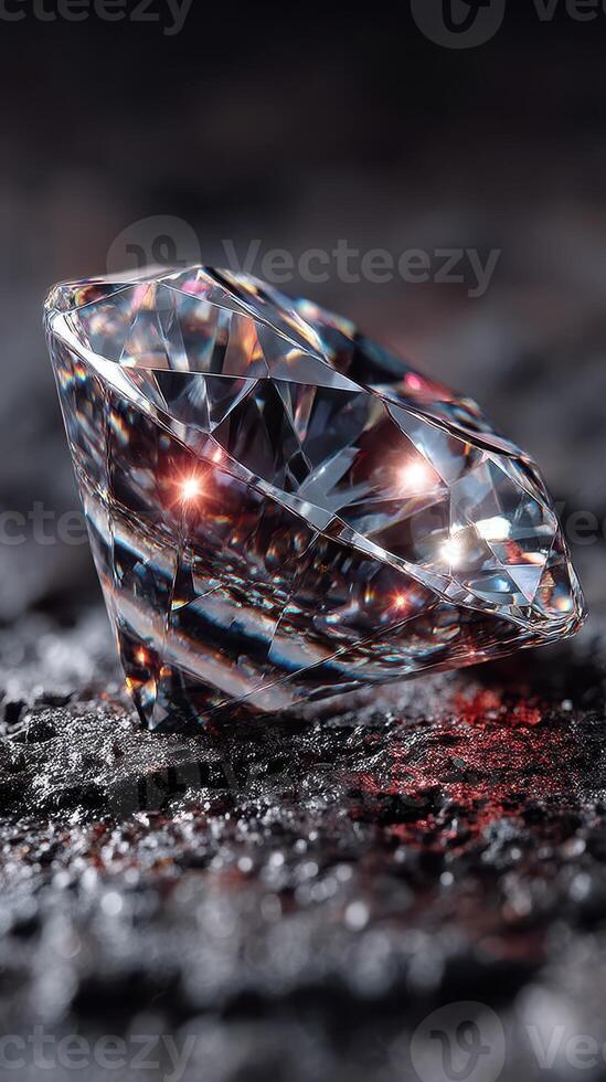 Elegant cut diamond resting on a textured surface with captivating sparkle and reflections photo