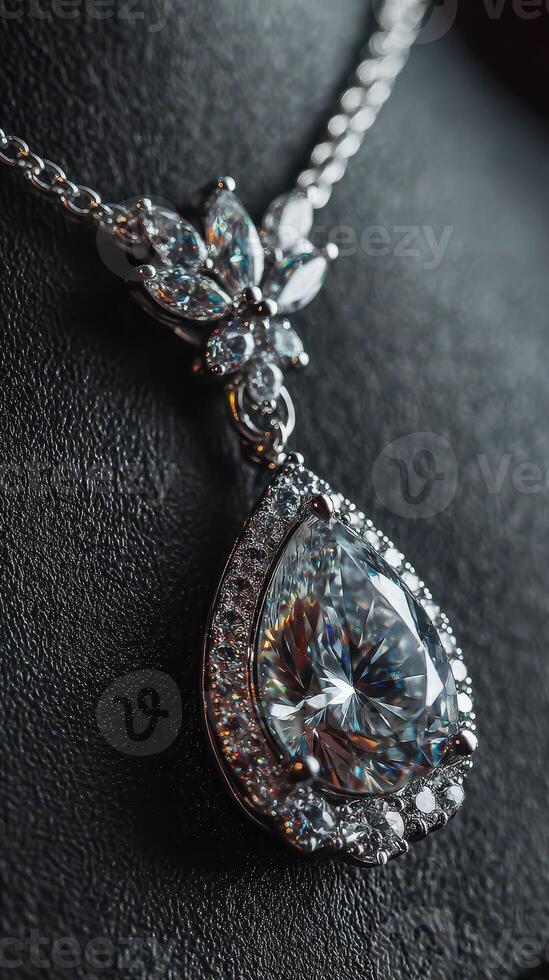 Elegant diamond pendant necklace displayed on a dark background highlighting its intricate design and brilliance photo