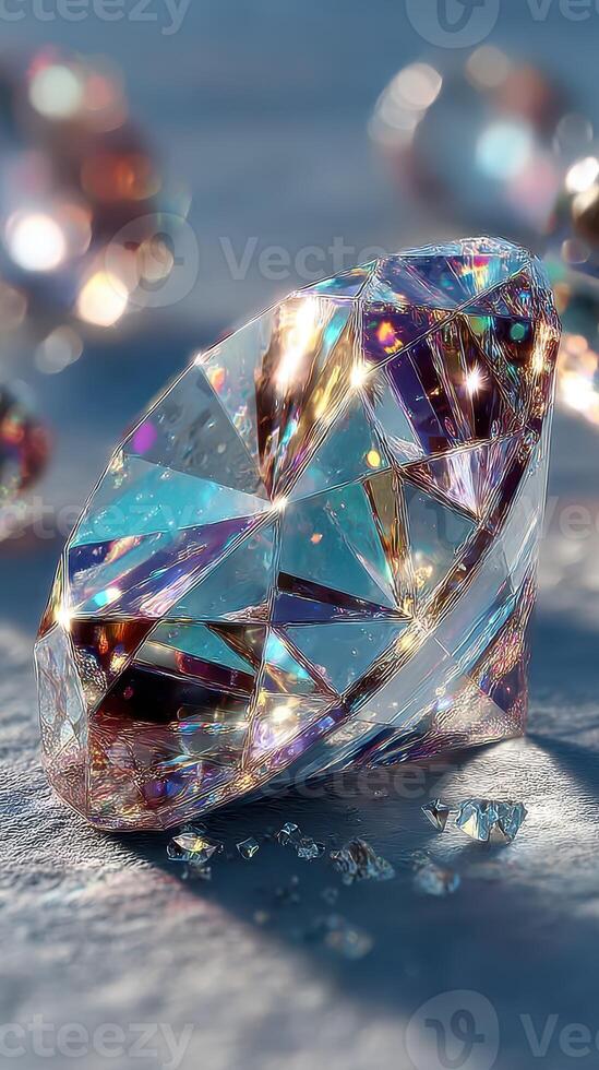Shimmering crystal cut in sunlight creates mesmerizing reflections and highlights intricate facets and colors photo