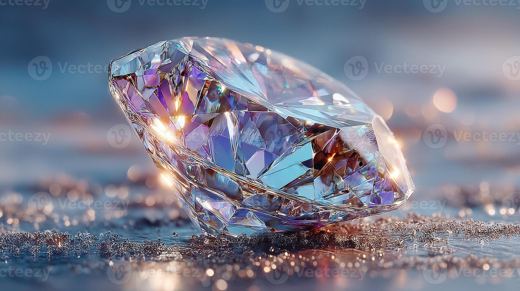 Sparkling diamond rests elegantly on a soft surface, showcasing its brilliance and incredible reflections of light in a serene setting photo