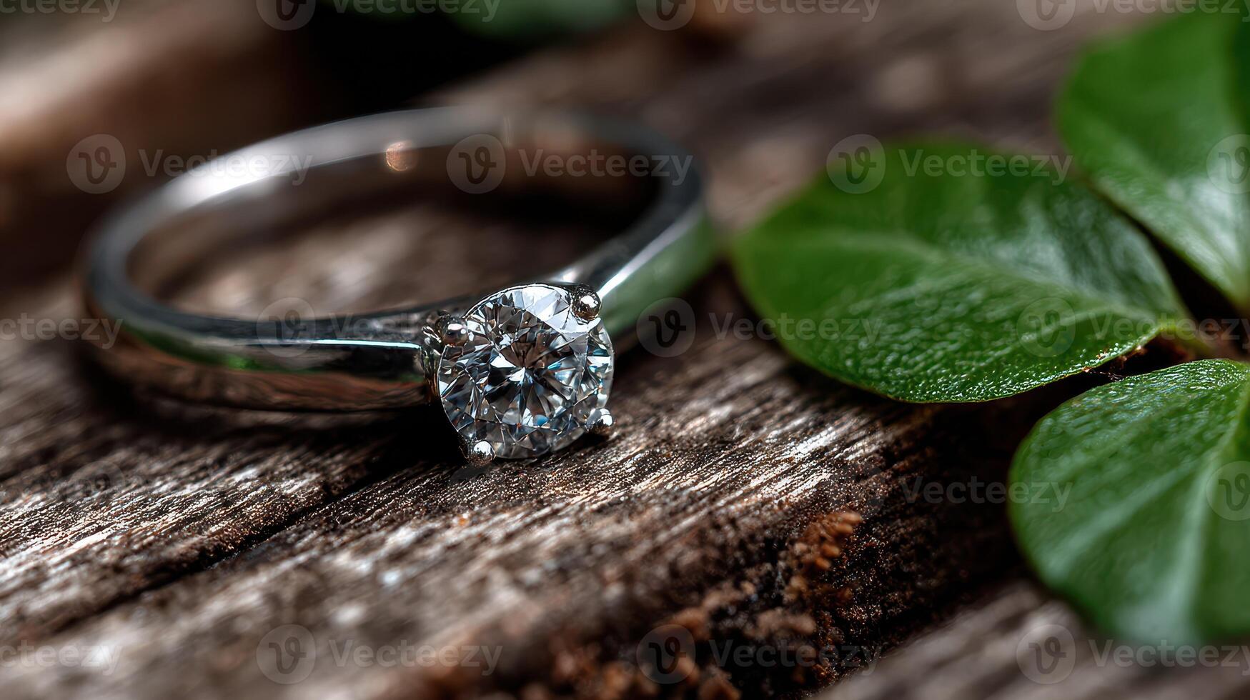 Close-up view of a sparkling engagement ring resting on a rustic wooden surface surrounded by lush green leaves in natural light photo