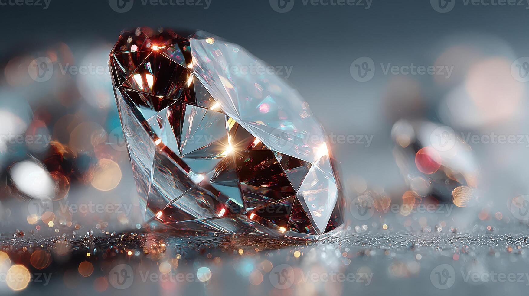 Sparkling diamond lies among fragments in a soft glowing light, showcasing its brilliance in fine detail photo