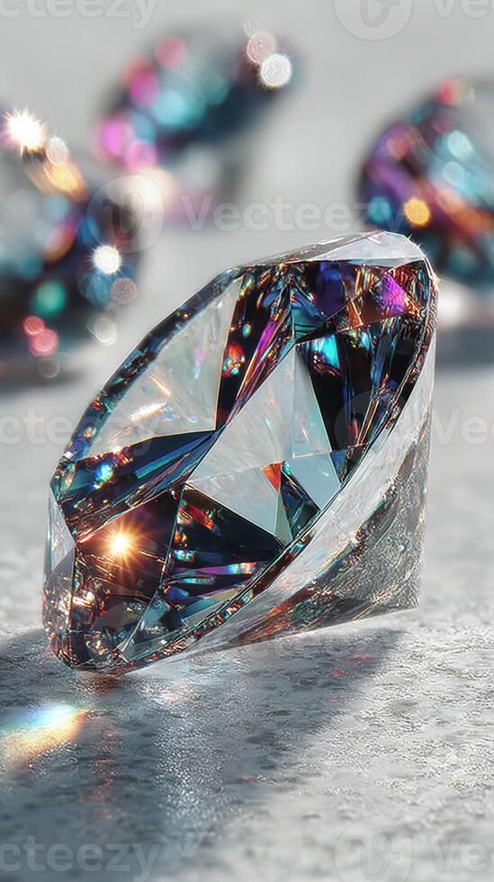 Brilliantly cut gemstone sparkles under light, showcasing vibrant colors and intricate faceting while resting on a textured surface photo