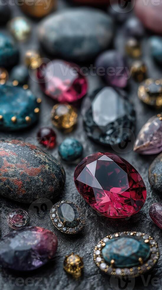 Colorful collection of gemstones arranged artfully on a textured surface with intricate details photo