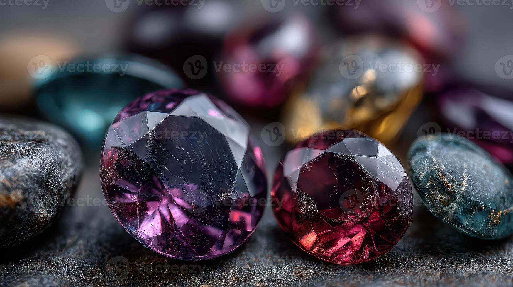 Collection of sparkling gemstones displayed on textured surface in natural light showcasing various colors and shapes photo