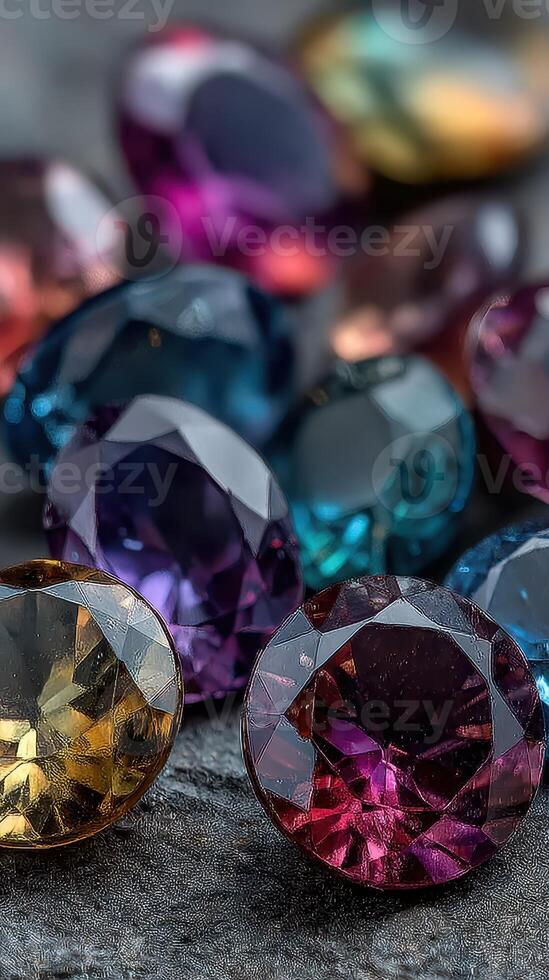 Colorful gemstones shimmering in natural light with intricate cut reflecting vibrant hues photo