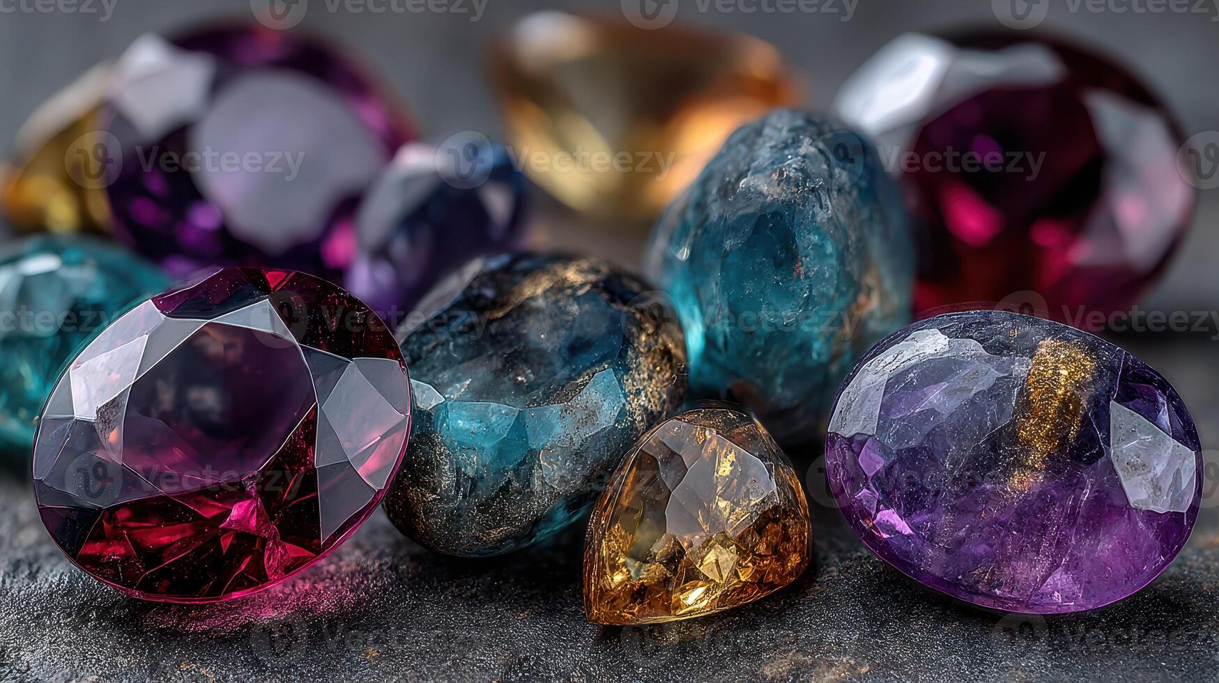 Colorful collection of precious gemstones on dark surface showcasing their intricate facets and vibrant hues in natural light photo