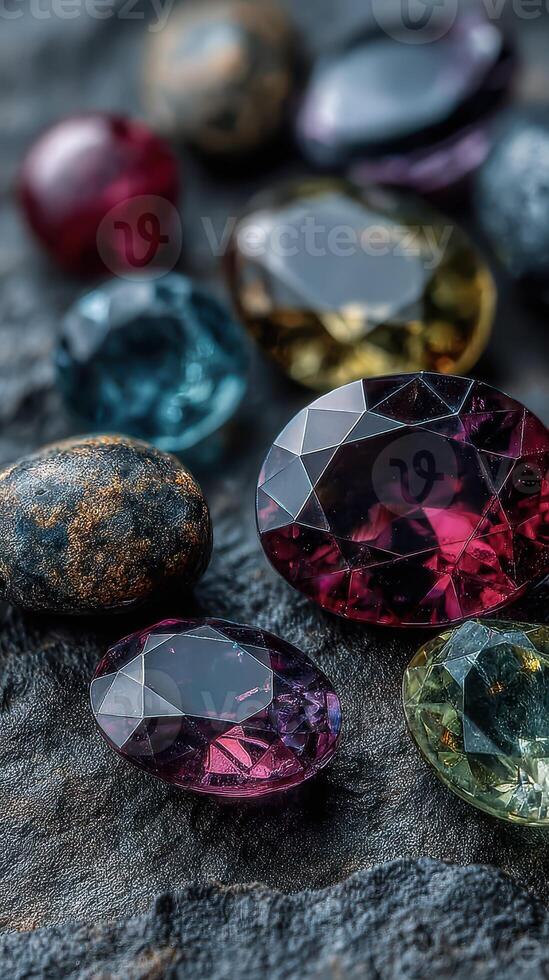 Vivid collection of colorful gemstones displayed on textured surface under natural light in a serene setting photo