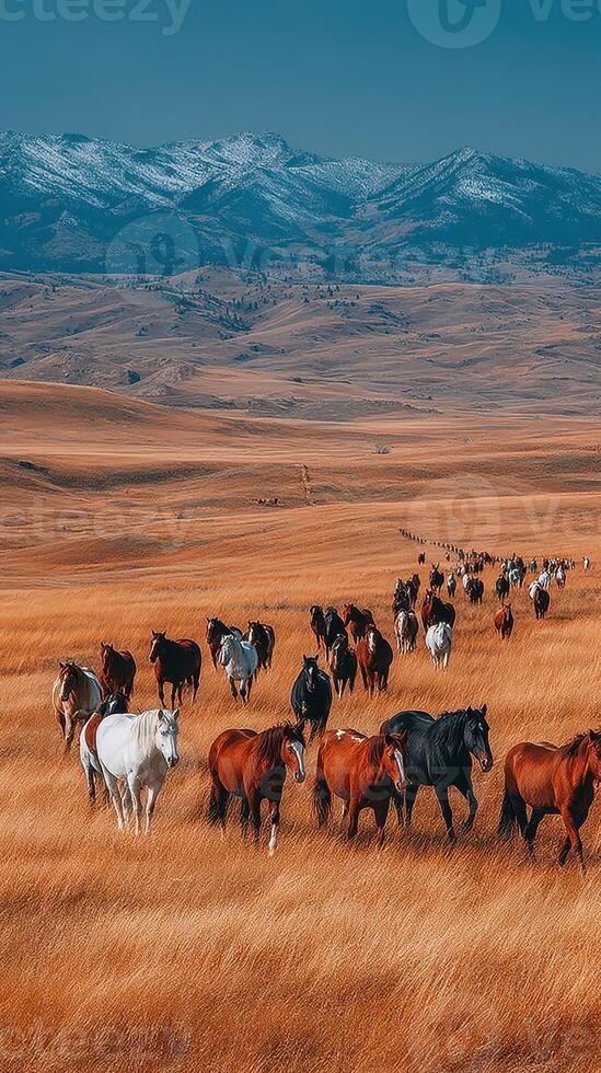 Herd of horses grazing in rolling grasslands with mountains in the background during daylight hours photo