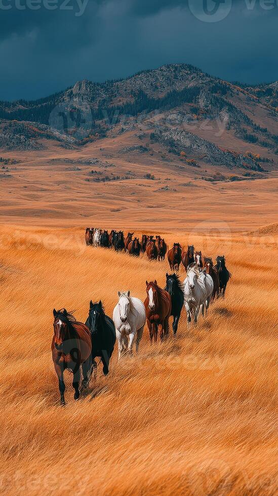 Horses trotting through golden grasslands with mountains in the background on a cloudy day photo