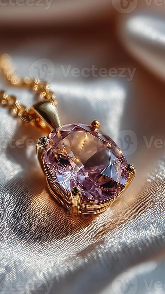Elegant amethyst pendant with gold setting on soft fabric background illuminated by gentle light photo