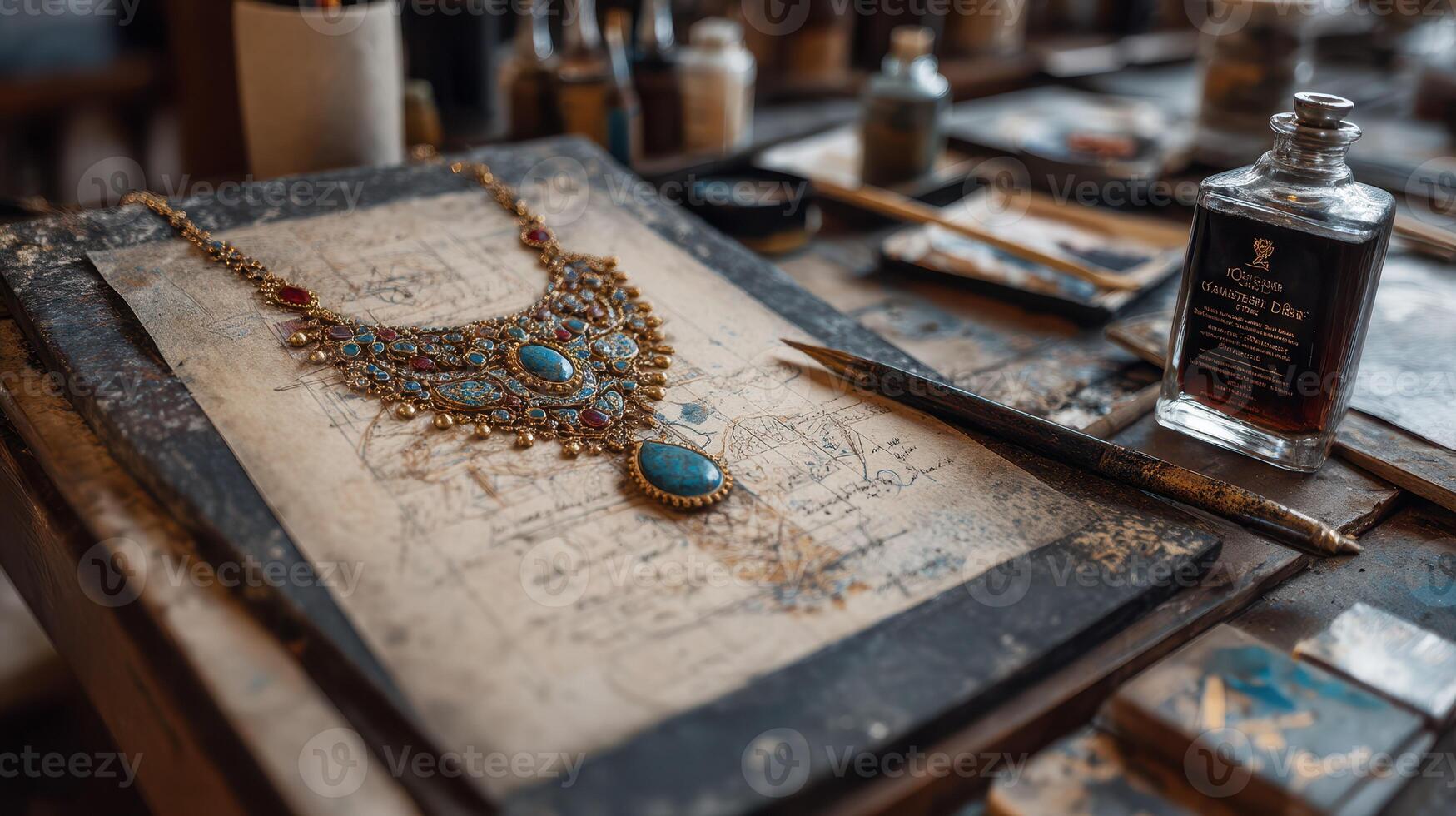 Elegant artisan jewelry design with intricate necklace on a workbench in a creative workshop setting photo