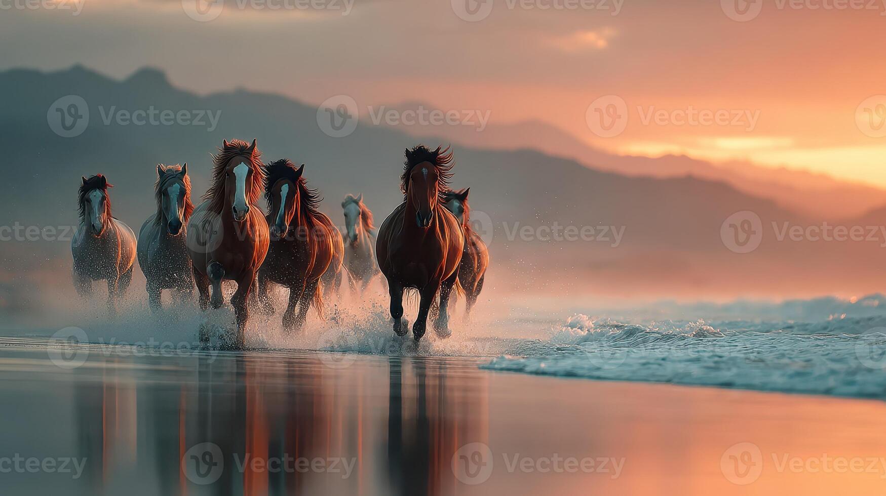 Majestic horses galloping along the shoreline at sunset, capturing beauty and power in motion photo