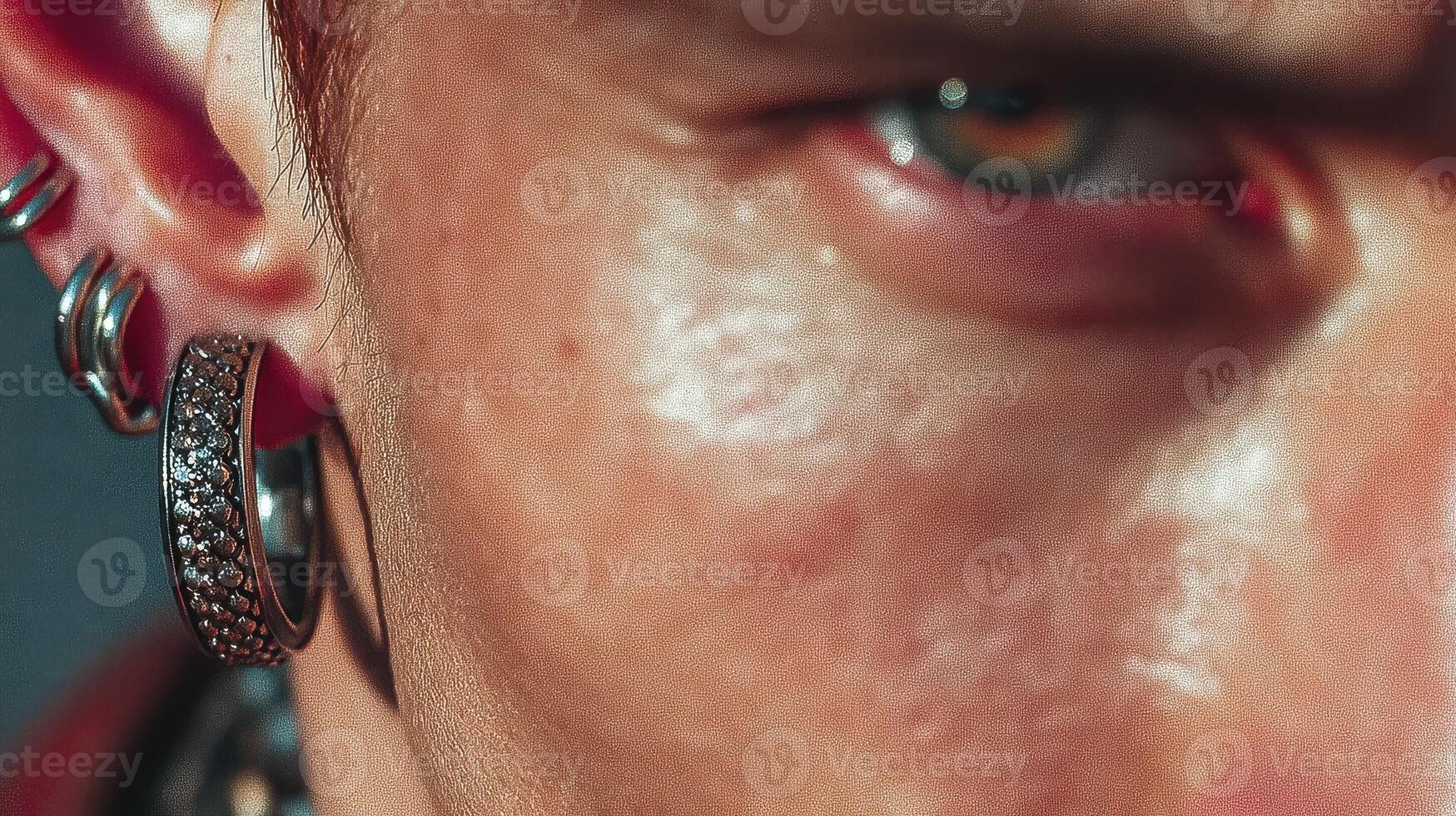 Close-up of a person with striking eye details and unique jewelry highlighted in bright sunlight during daytime photo