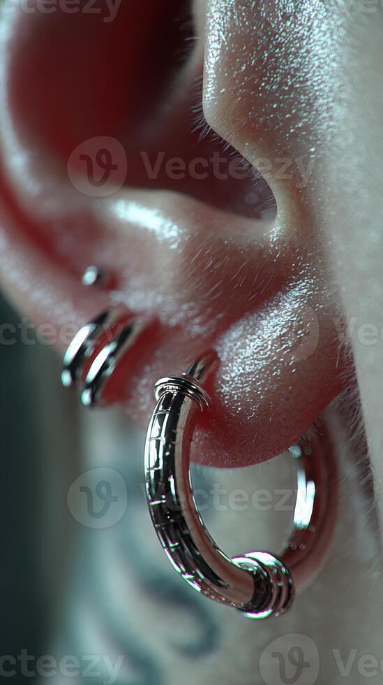 Close-up view of stylish metallic hoop earrings adorning a person's ear in a modern setting photo