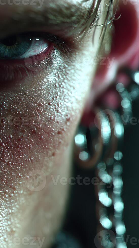 Close-up of human skin with moisture and visible texture, revealing expressive eye and unique earring details in dramatic lighting photo