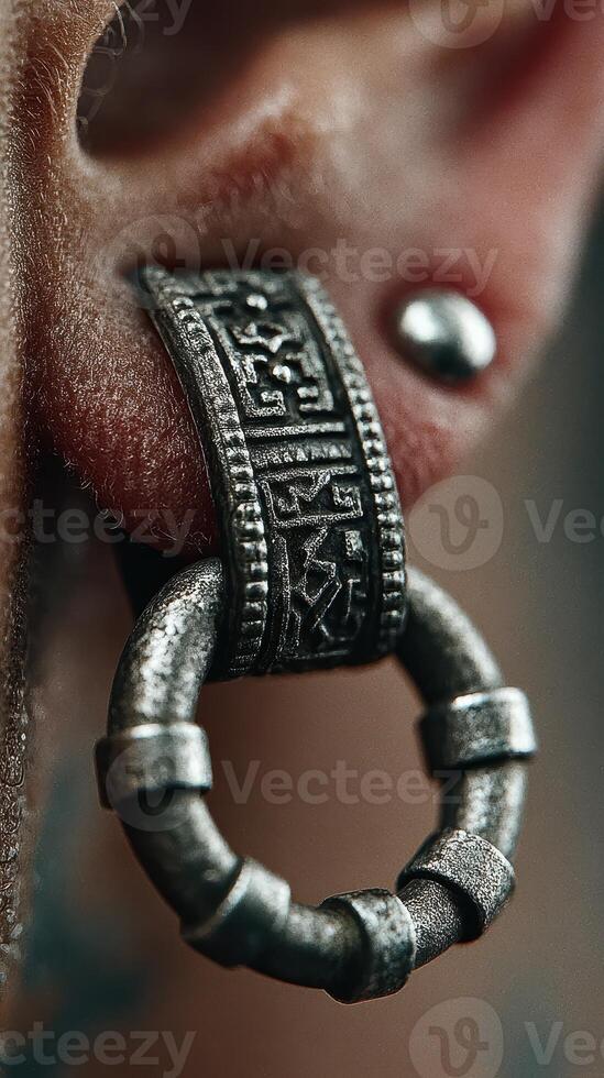 Close-up of a unique metallic ear gauge featuring intricate designs and a large hoop, highlighting body art and individual style photo