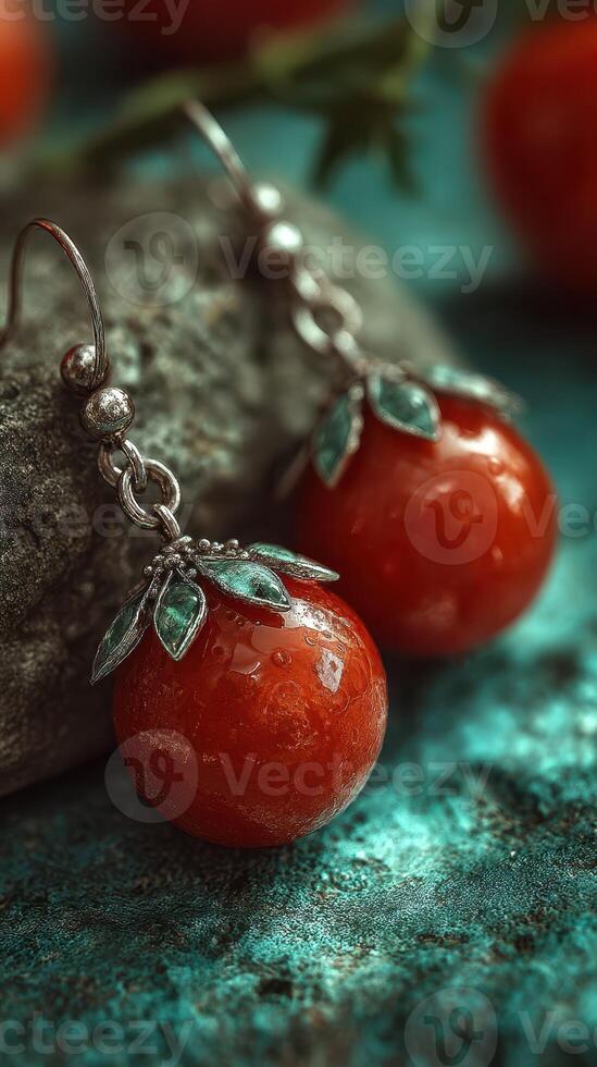 Elegant red earrings designed with leaf details on a textured, turquoise background and natural light reflecting off the surface photo
