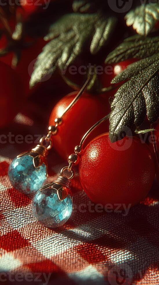Colorful earrings beside fresh red tomatoes on a checkered tablecloth in a well-lit kitchen setting during the day photo