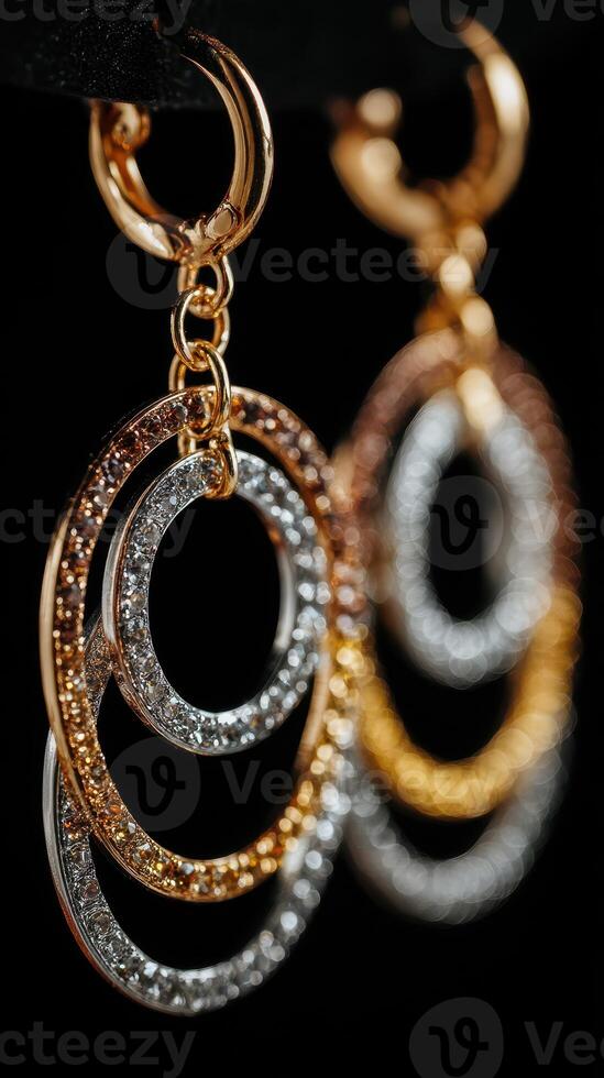 Sparkling chandelier earrings with gold and silver tones showcased against a dark background photo