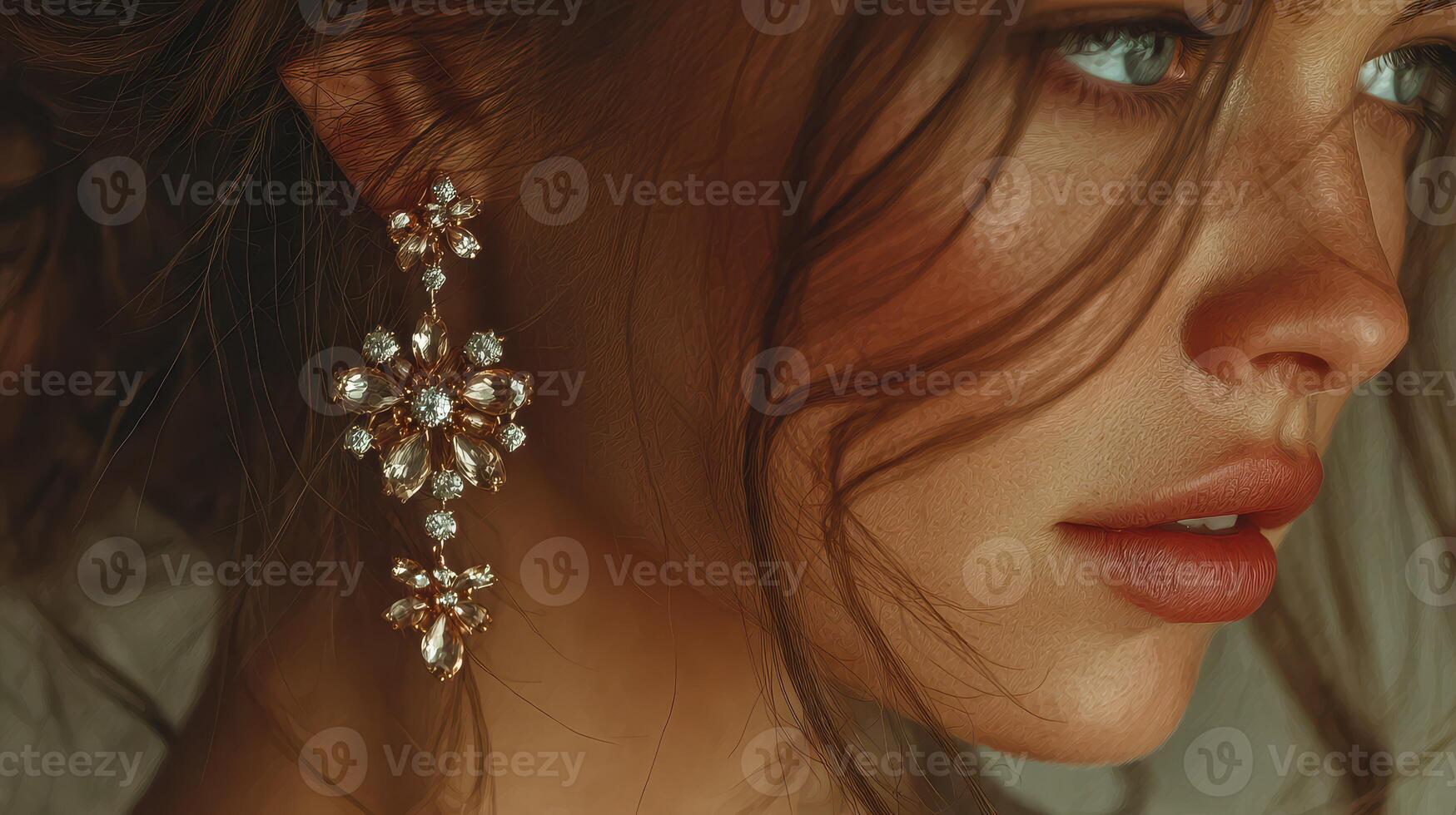 Woman showcasing elegant earrings with intricate design in a softly lit setting photo