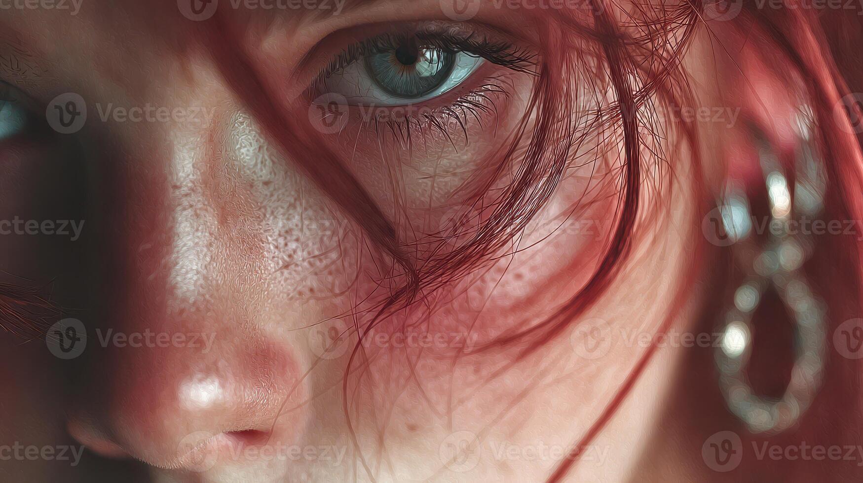 Close-up view of a person with striking blue eyes and vibrant red hair adorned with earrings, showcasing unique facial features and texture photo
