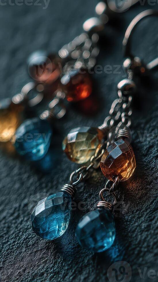 Colorful gemstone earrings showcasing intricate craftsmanship in a detailed close-up, perfect for fashion enthusiasts photo