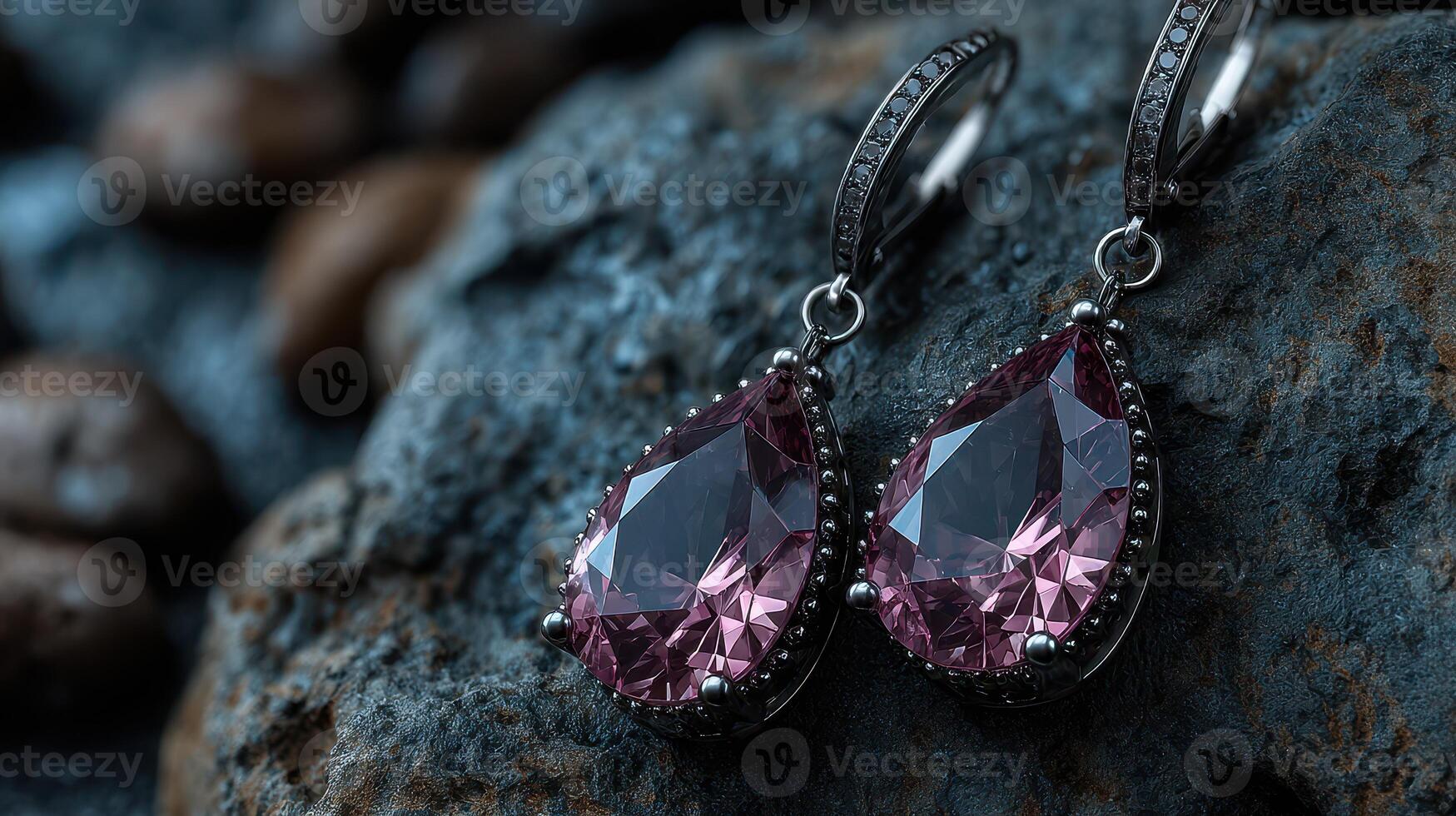 Elegant pink gem earrings resting on a textured stone surface with a dark background photo