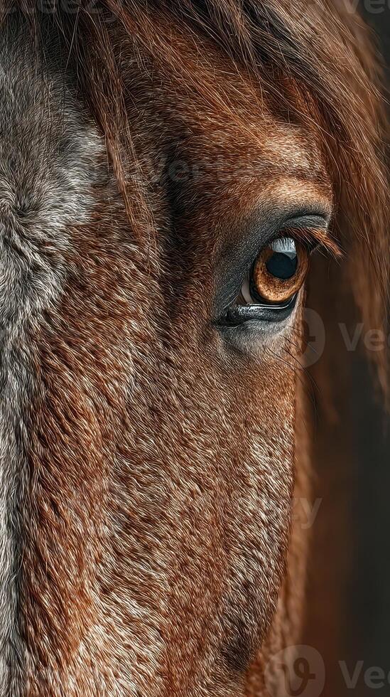 Close-up view of a horse's eye revealing intricate details and warm colors in natural light photo