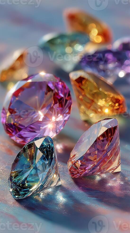 Colorful gems scattered across a glittering surface creating a vibrant display of light and reflection photo